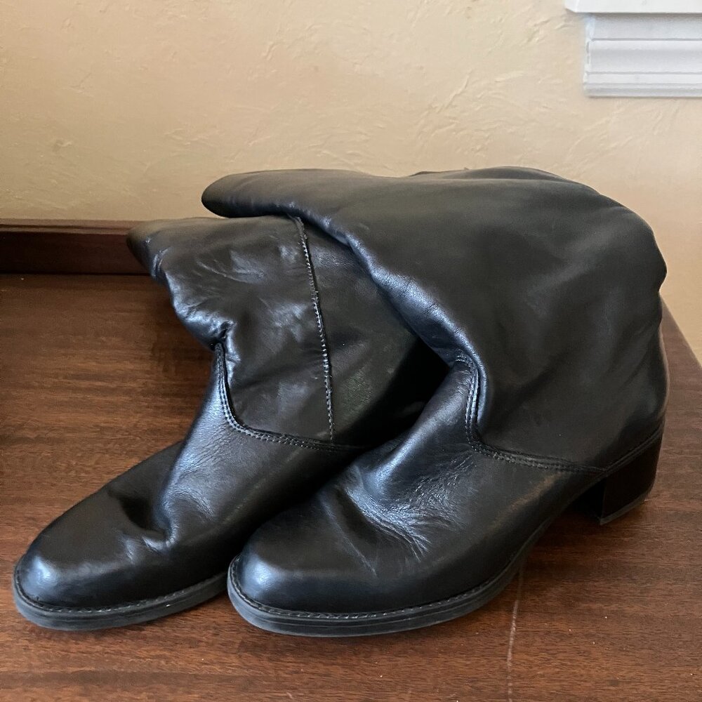 Vintage 90s College Black Leather Squared Toe Heeled Boots Size 6.5